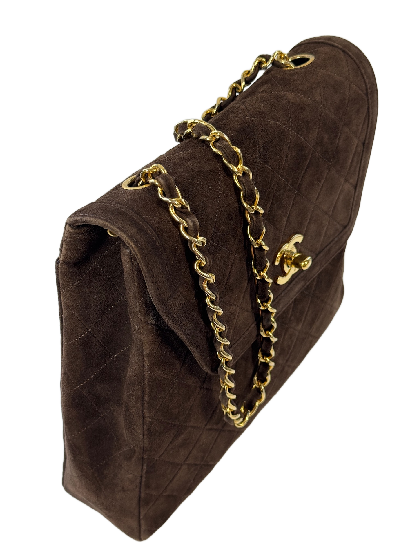 Chanel Vintage Late 80s Brown Suede Quilted Trapezoid Classic Flap Crossbody Shoulder Bag