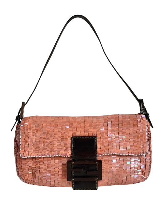 Fendi Vintage Coral Pink Iridescent Paillettes Sequin Beaded Shoulder Baguette Bag 