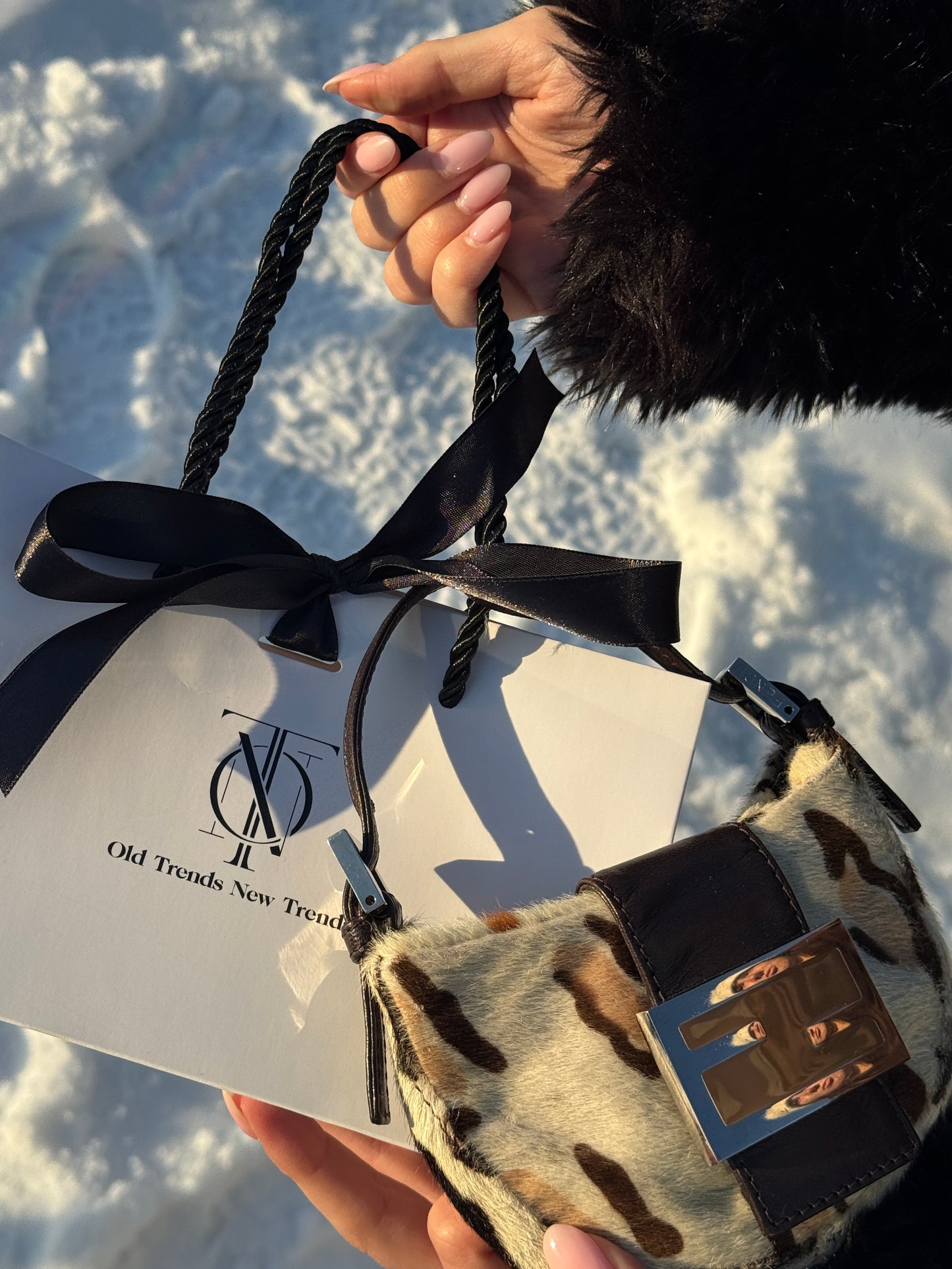 Fendi Vintage White Leopard Print Pony Hair Mini Croissant Baguette