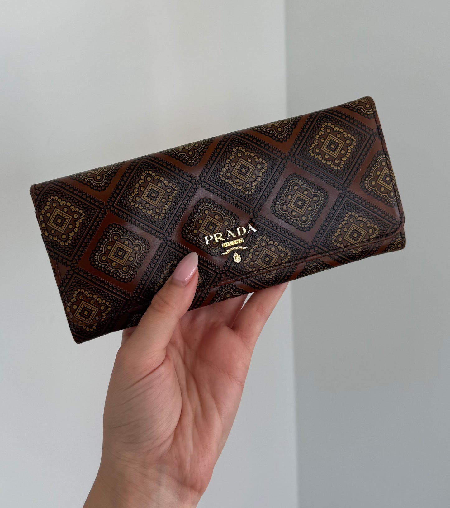 Prada Vintage Brown Leather Floral Pattern Long Snap Wallet