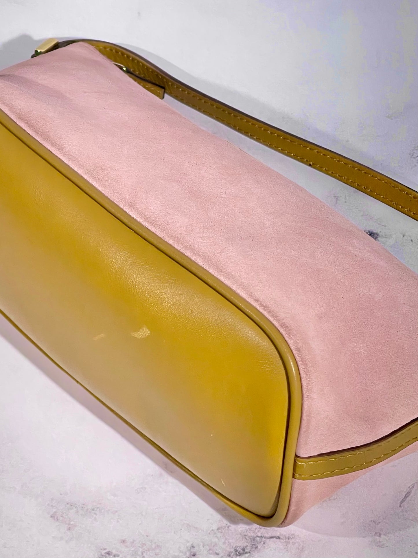 Gucci Vintage Pink Suede Boat Pochette Bag w Brown Leather Trim