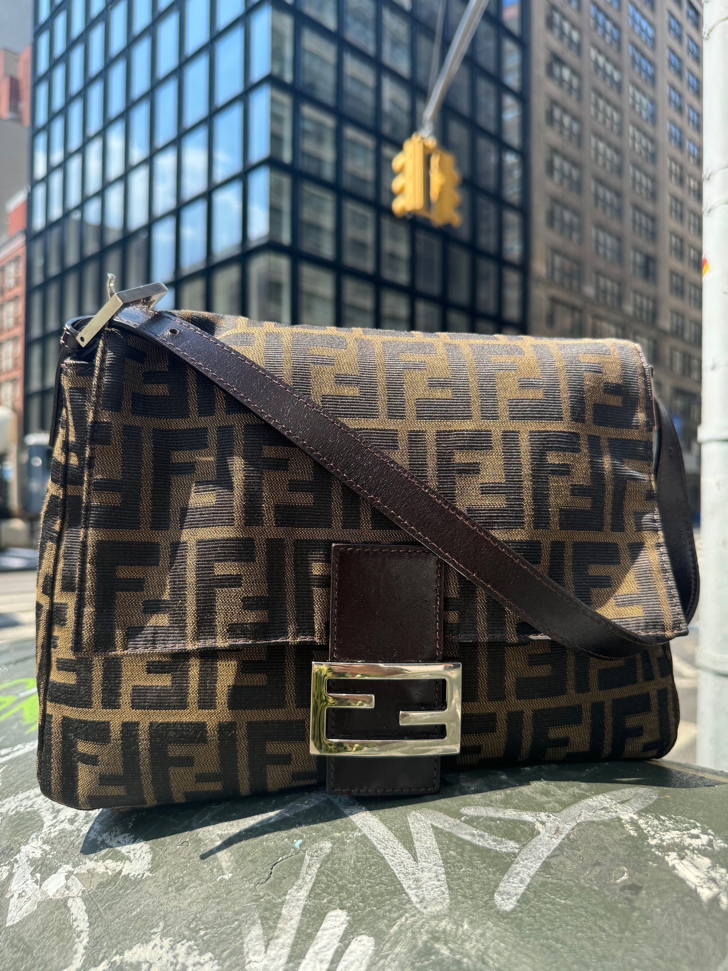 Fendi Vintage Brown Zucca Monogram Classic Mamma Baguette Shoulder Bag