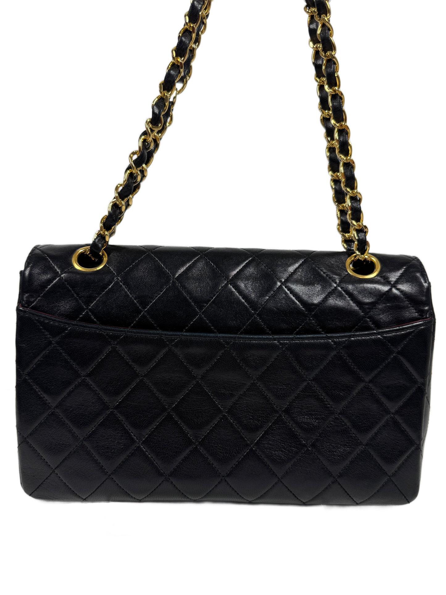 Chanel Vintage 80s/90s Black Quilted Lambskin Medium Classic Flap Bag with Pouch w 24K Gold Plated Hardware