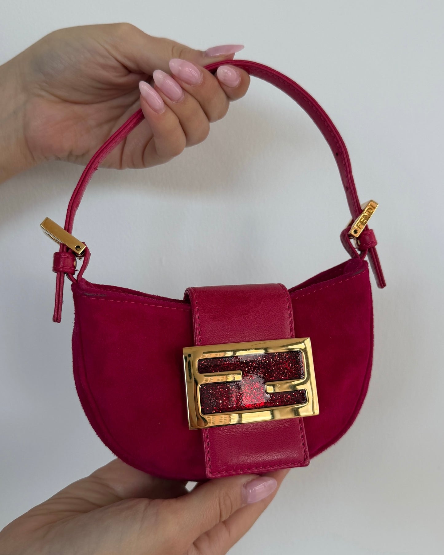Fendi Vintage Hot Pink Suede Glitter Logo Mini Croissant Baguette Bag