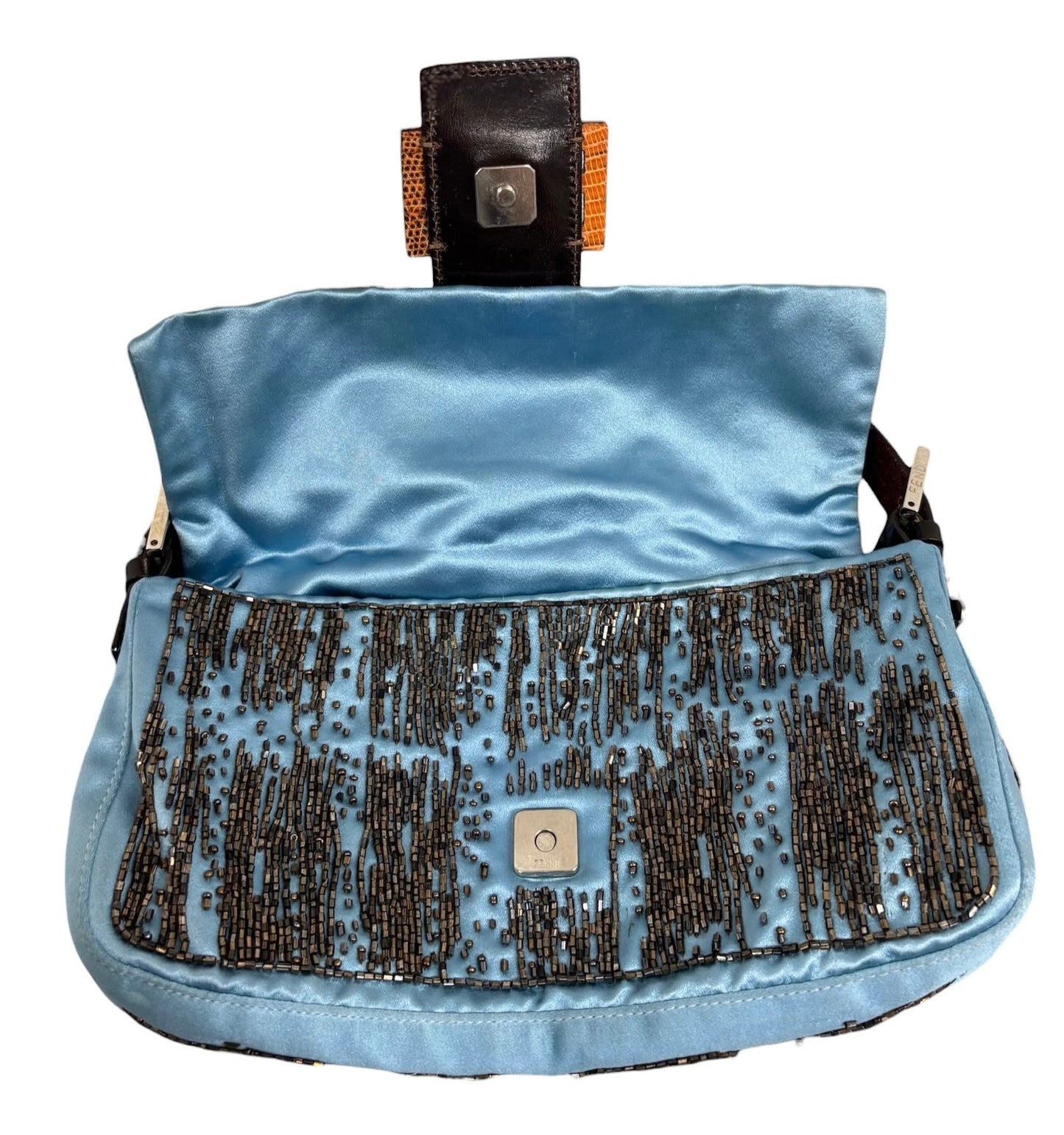 Fendi Vintage Blue Silk Beaded Orange Lizard Trim Shoulder Baguette Bag 