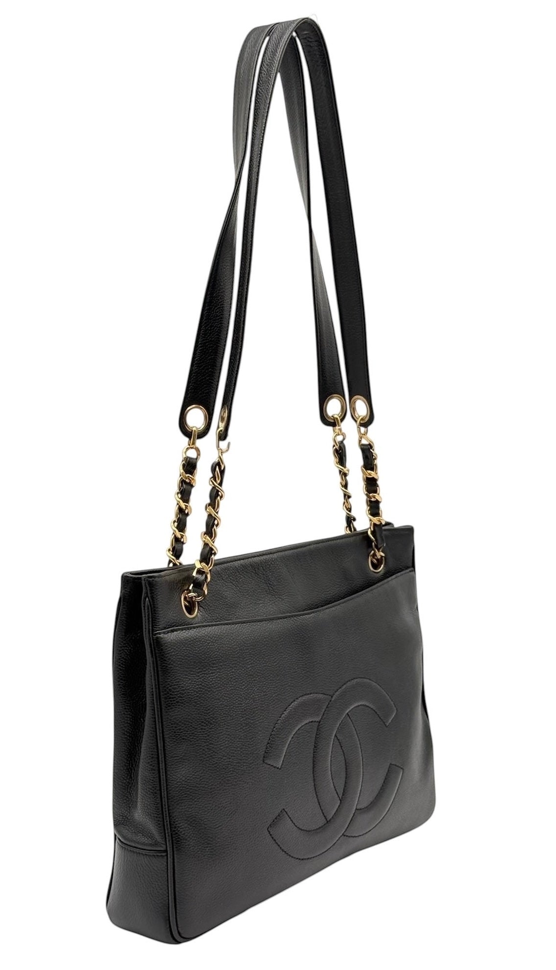 Chanel Vintage Black Caviar CC Logo Small Shoulder Drop Tote - Repainted