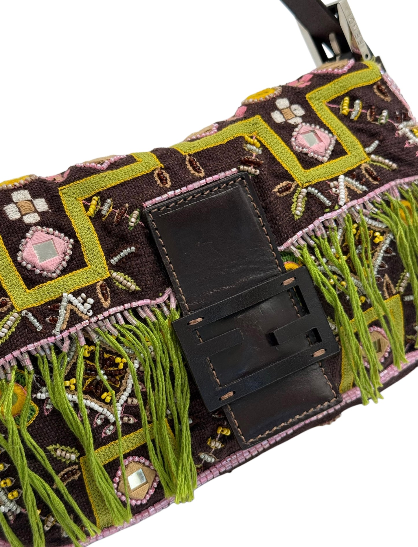 Fendi Vintage Brown Knit Embroidered Pink Beaded Green Fringe Embellished Shoulder Baguette Bag
