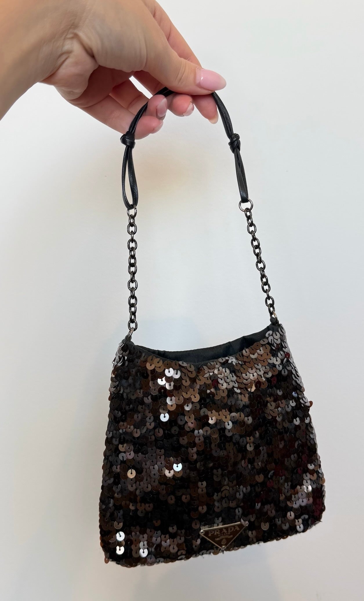 Prada Vintage Metallic Black Satin Sequin Micro Cleo Evening Mini Bag
