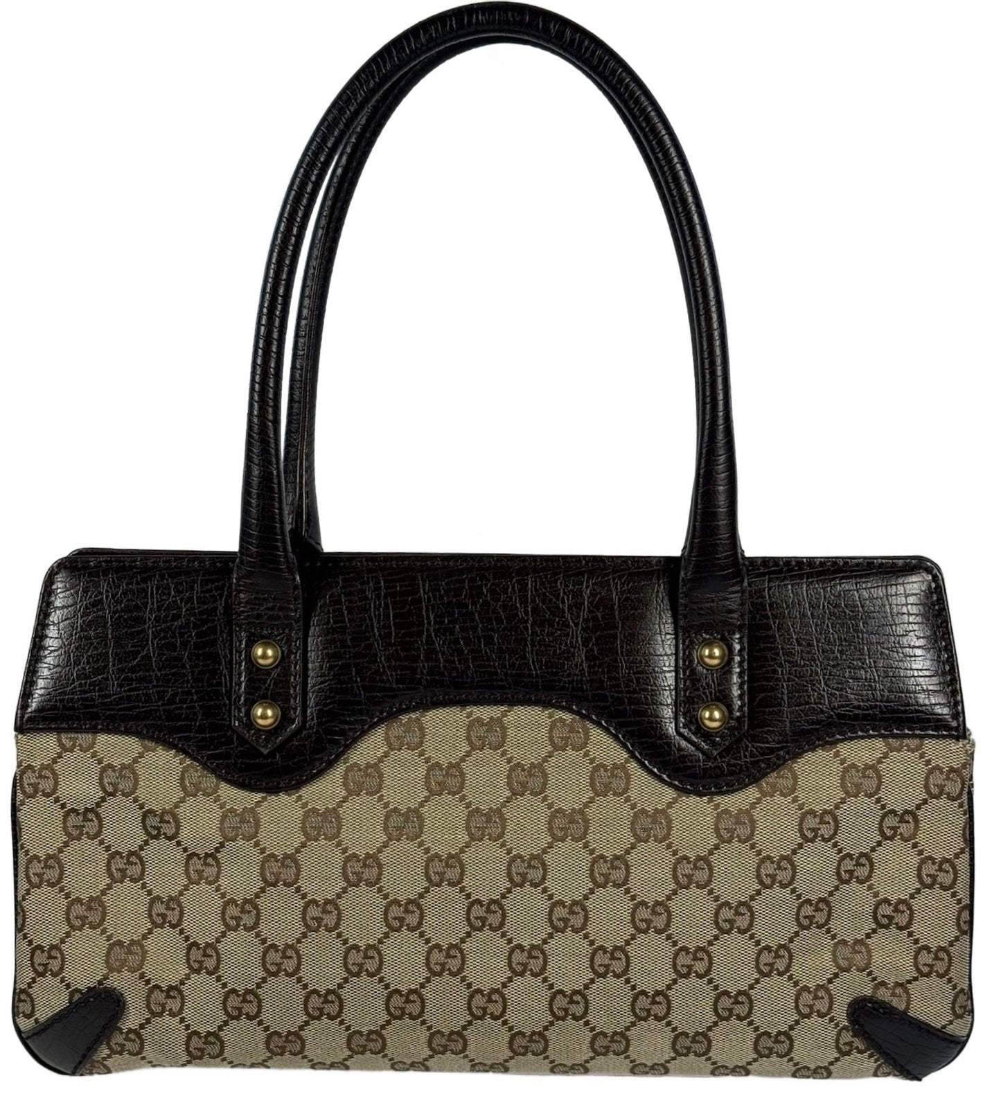 Gucci Vintage Brown GG Monogram Brown Leather Trim Horsebit Small Shoulder Tote Bag