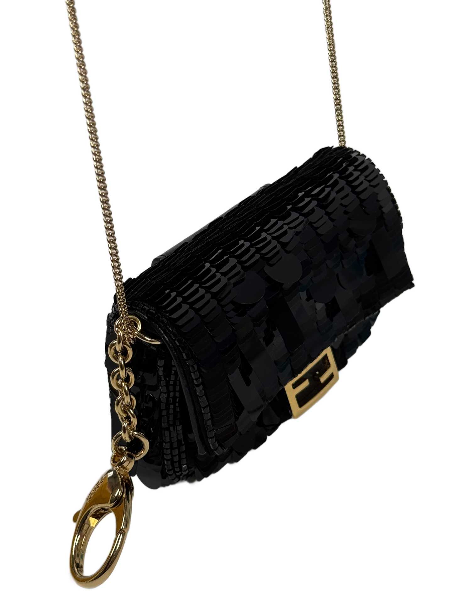 Fendi Black Shiny Sequin Paillettes Nappa Sex and the City Nano Baguette Crossbody Bag and Belt Charm