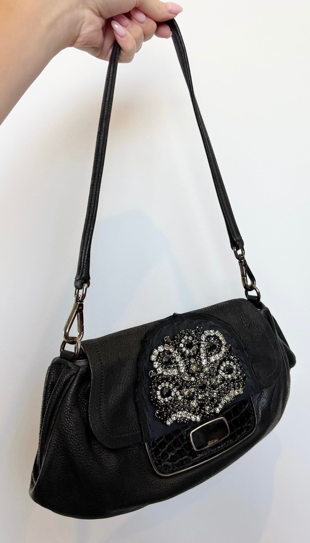 Prada Vintage Black Leather Croc Embellished Small Shoulder Pochette Bag