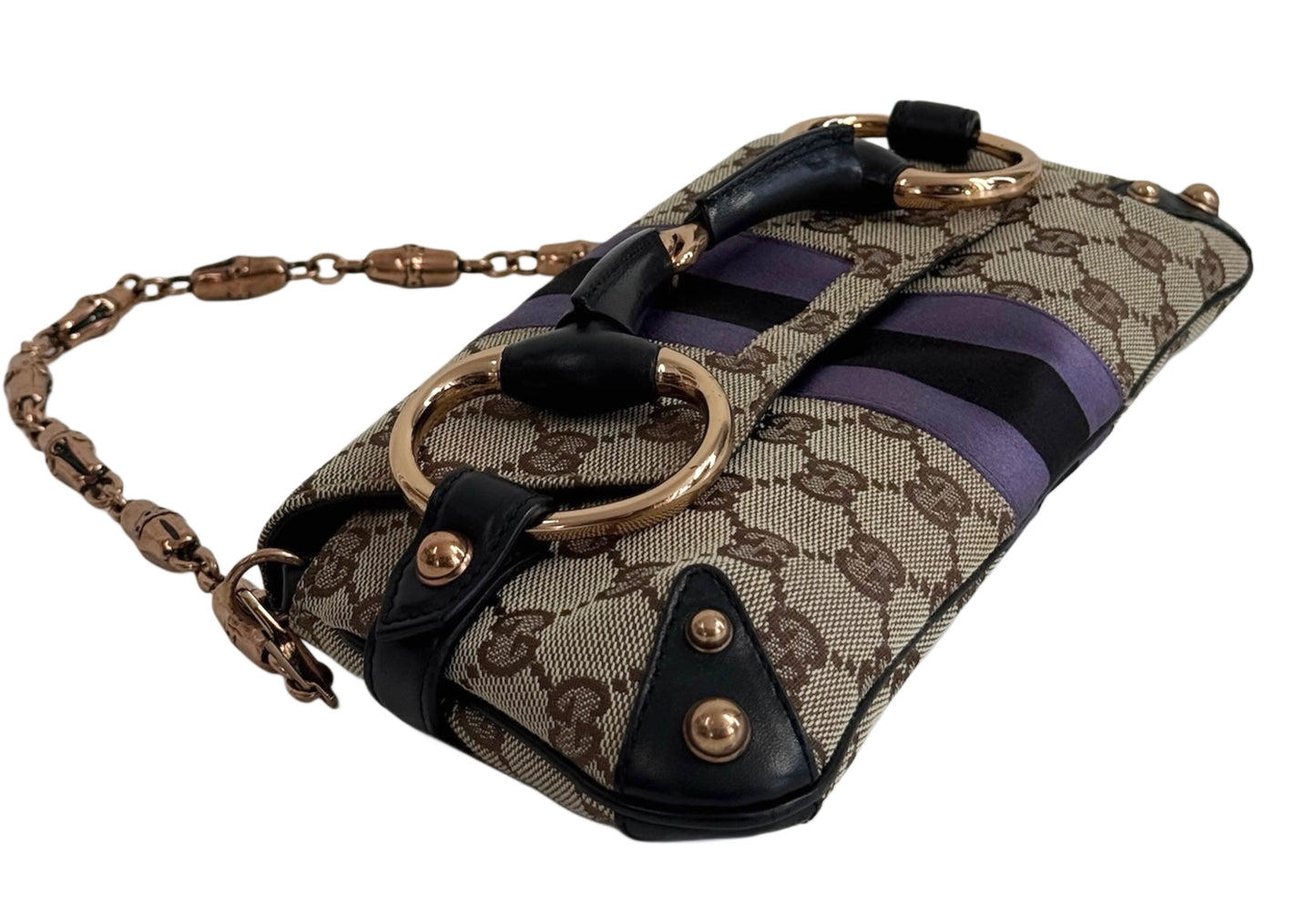 Gucci Vintage Brown GG Monogram Horsebit Purple & Black Satin Striped Rose Gold Bamboo Chain Small Shoulder Clutch Bag