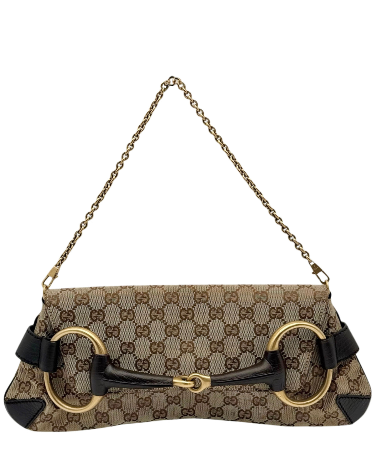 Gucci Vintage Brown GG Monogram Large Horsebit Shoulder Clutch Bag