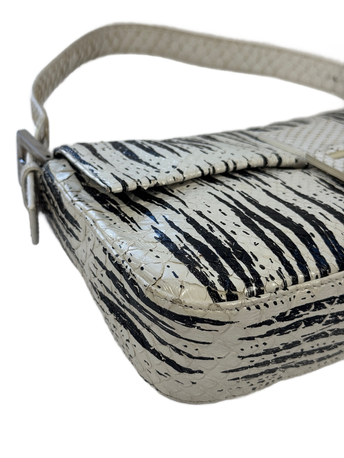 Fendi Vintage White & Black Zebra Print Snakeskin Baguette Shoulder Bag