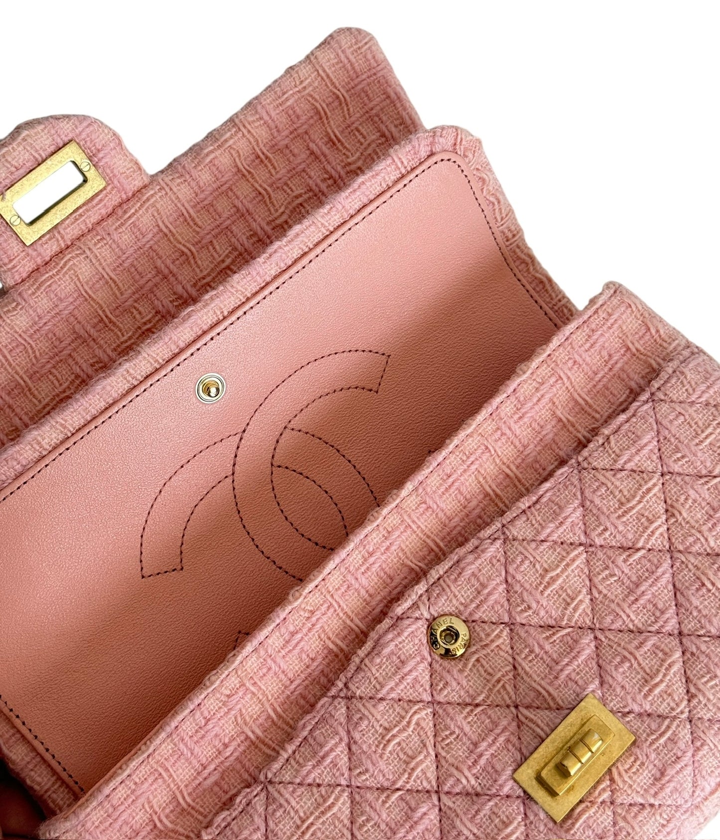 Chanel Light Pink Tweed 2.55 Reissue Medium Double Flap Bag with Aged Gold Hardware