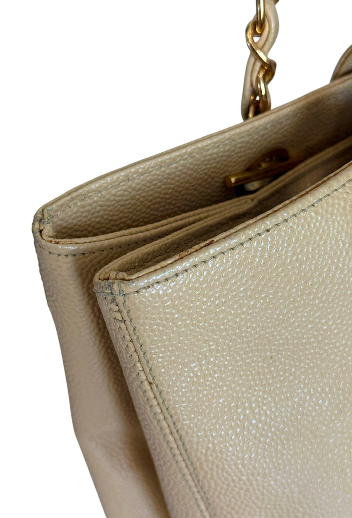 Chanel Vintage 1996-1997 Beige Caviar CC Turnlock Small Shoulder Tote Bag with 24K GPHW