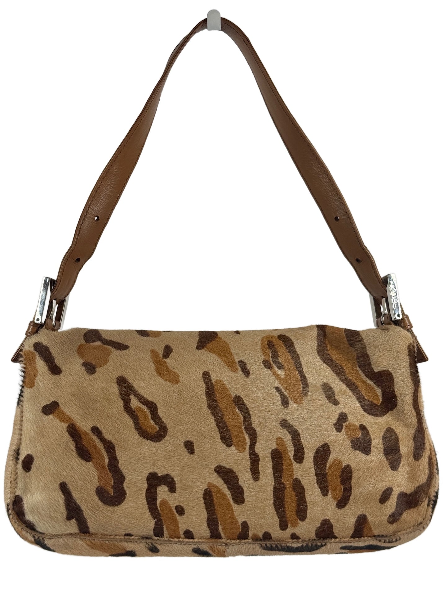 Fendi Vintage Beige Brown Leopard Print Pony Hair Shoulder Baguette Bag