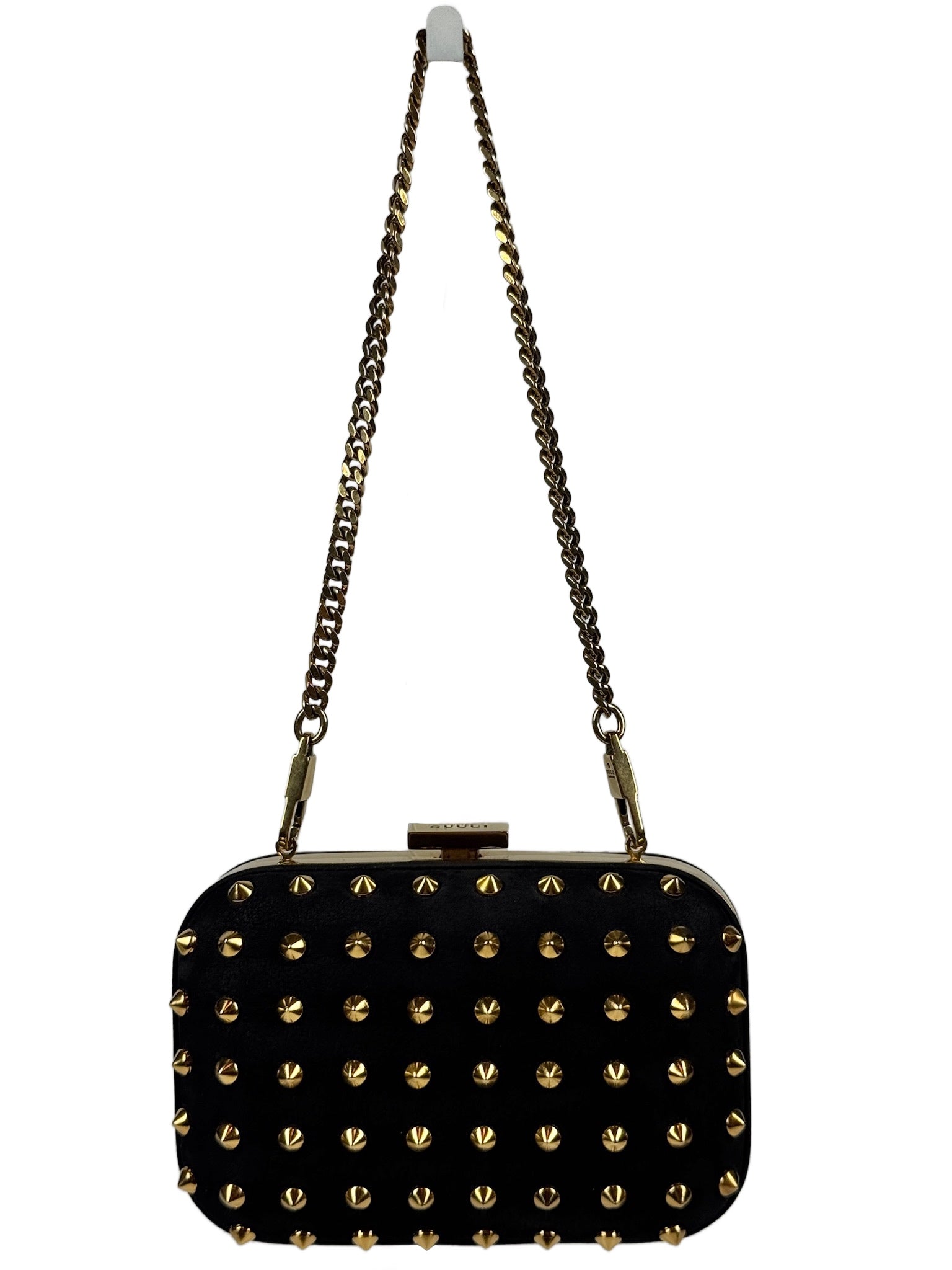 Gucci Black Leather Gold Studded Broadway Clutch