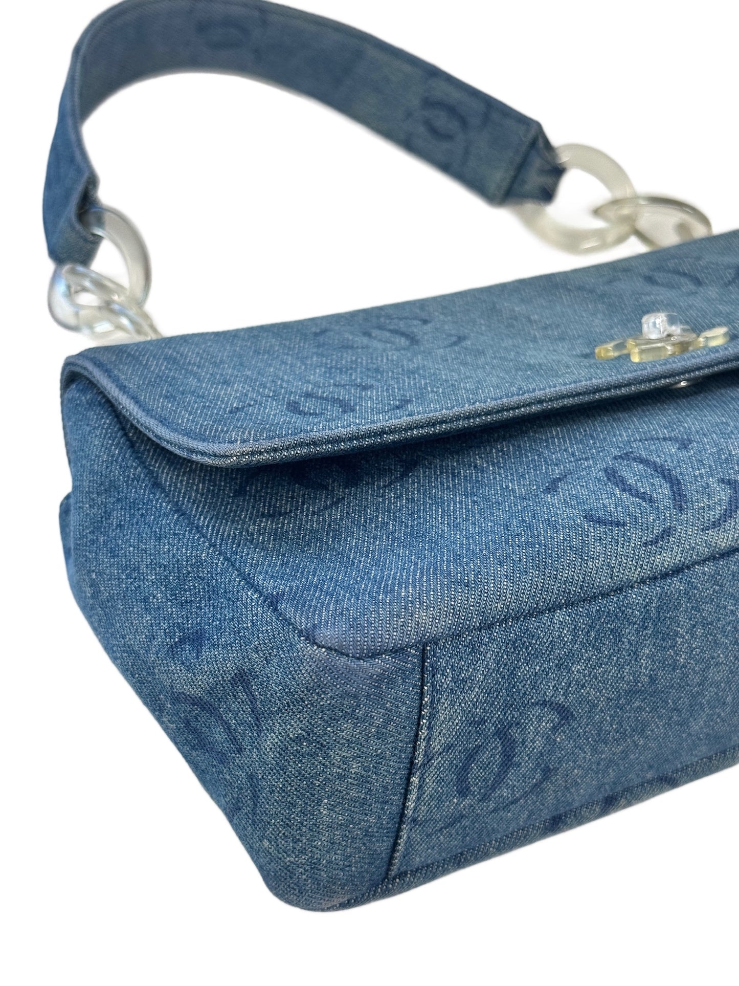Chanel Vintage 00s Blue Denim CC Print Acrylic Chain Strap Single Flap Bag