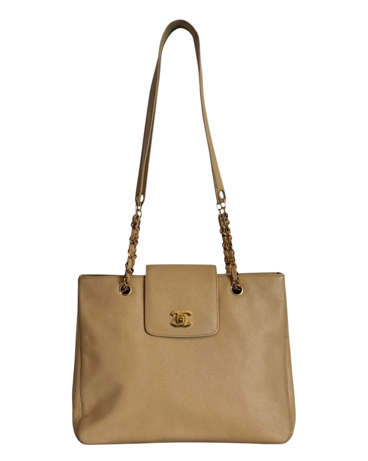 Chanel Vintage 1996-1997 Beige Caviar CC Turnlock Small Shoulder Tote Bag with 24K GPHW