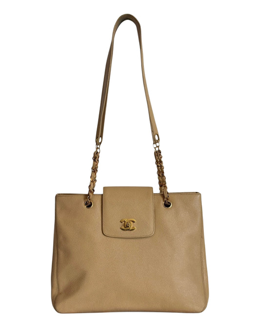 Chanel Vintage 1996-1997 Beige Caviar CC Turnlock Small Shoulder Tote Bag with 24K GPHW