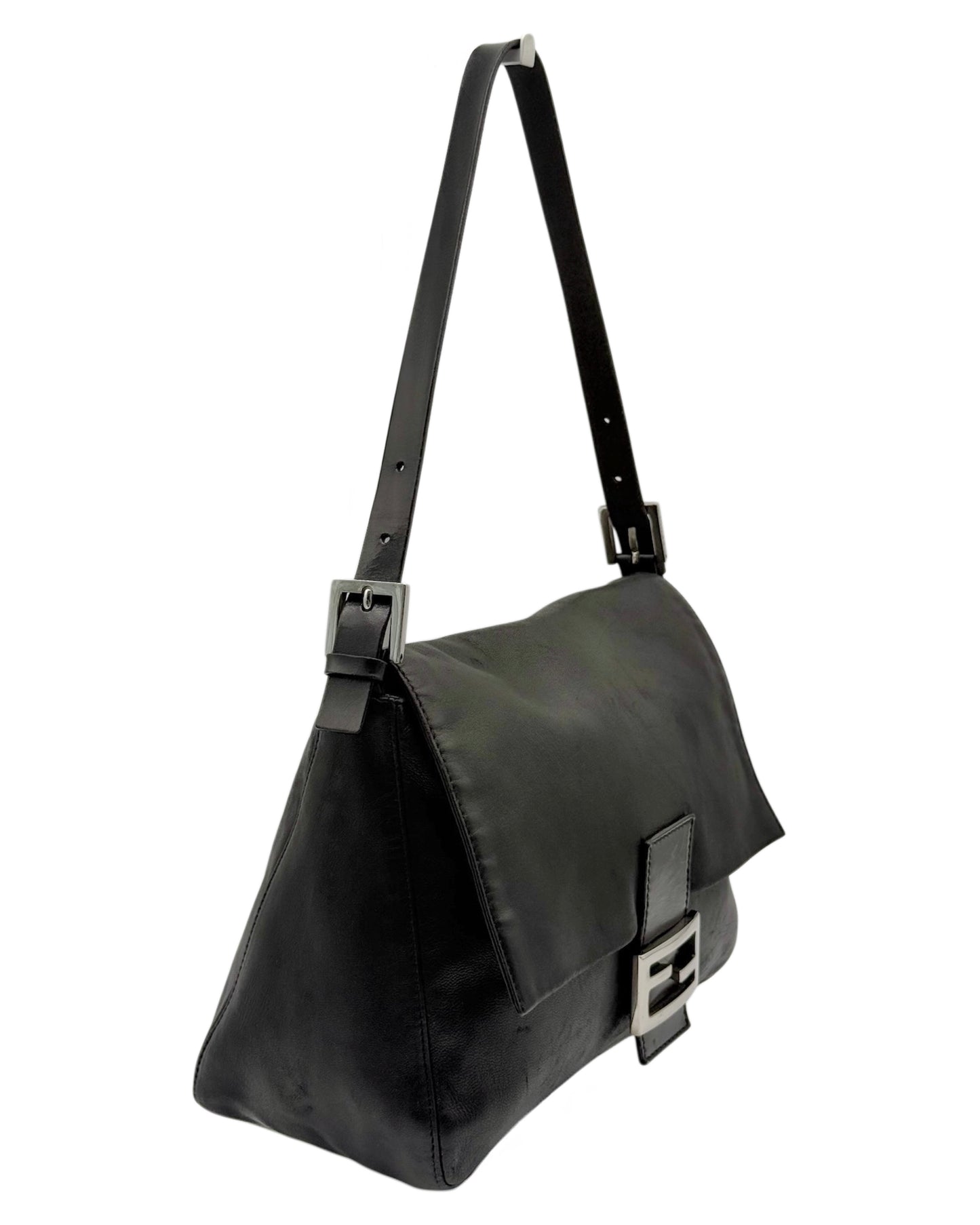 Fendi Vintage Black Lambskin Leather Mamma Baguette Shoulder Bag