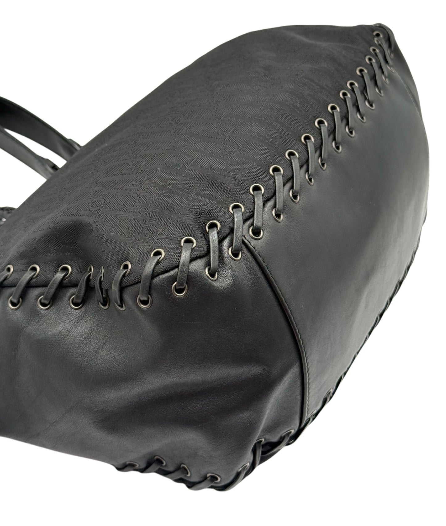 Dior Vintage 2007 Black Diorissimo Monogram Nylon & Leather Lace Up Corset Shoulder Tote Bag with Heart Charm