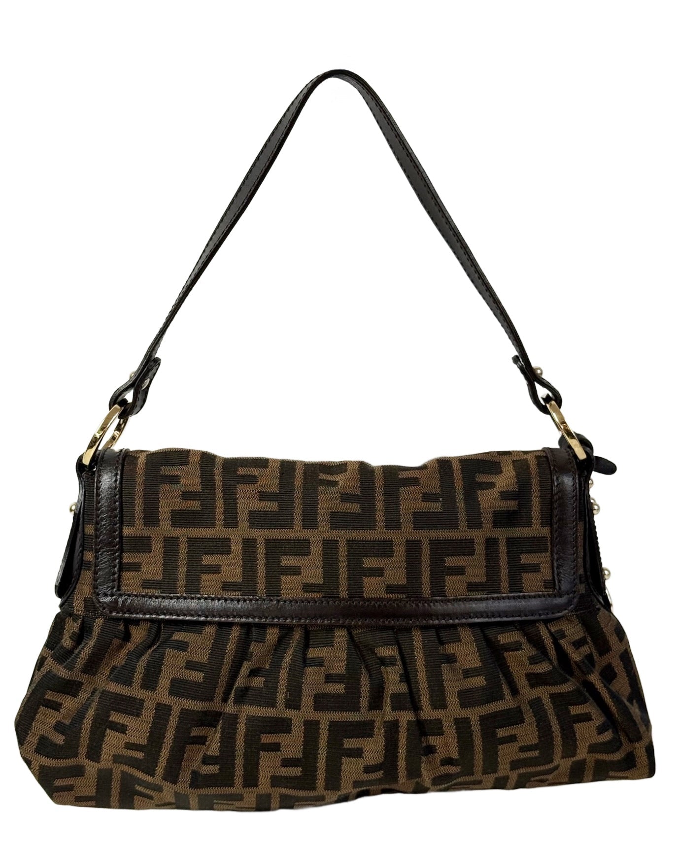 Fendi Vintage Brown Zucca Monogram Canvas Medium Chef Shoulder Baguette Bag