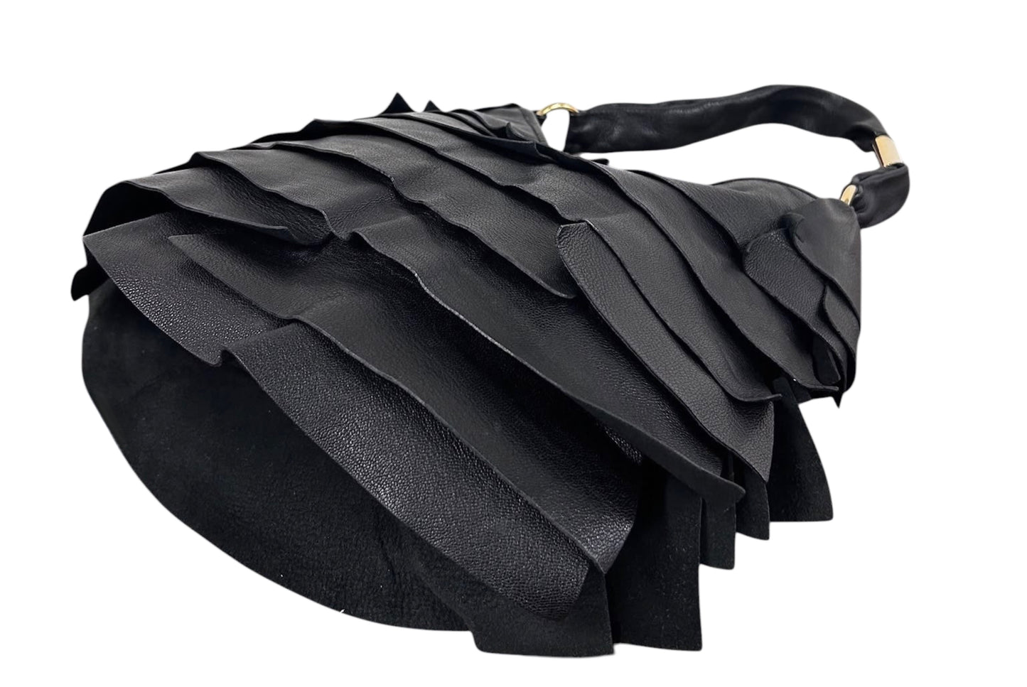 Yves Saint Laurent / YSL Vintage Black Leather Rive Gauche Ruffle St Tropez Small / Medium Shoulder Hobo Bag