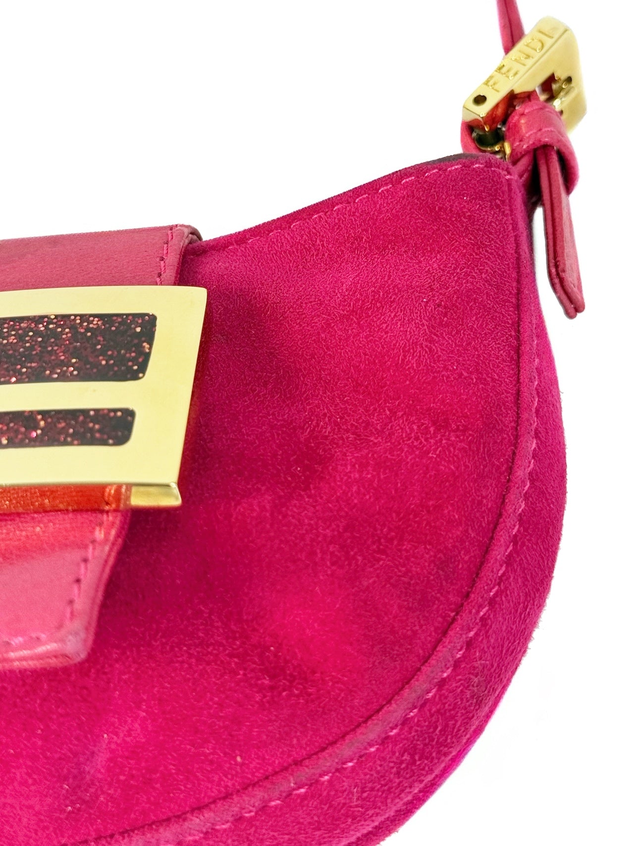 Fendi Vintage Hot Pink Suede Glitter Logo Mini Croissant Baguette Bag