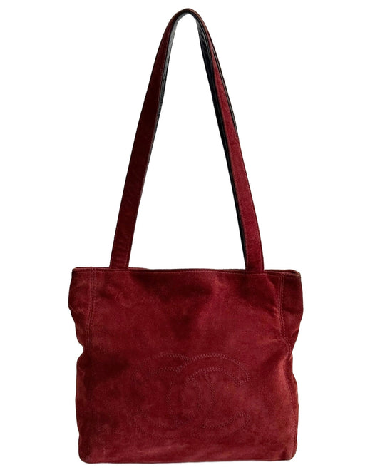 Chanel Vintage Burgundy Suede CC Logo Small Shoulder Tote Bag