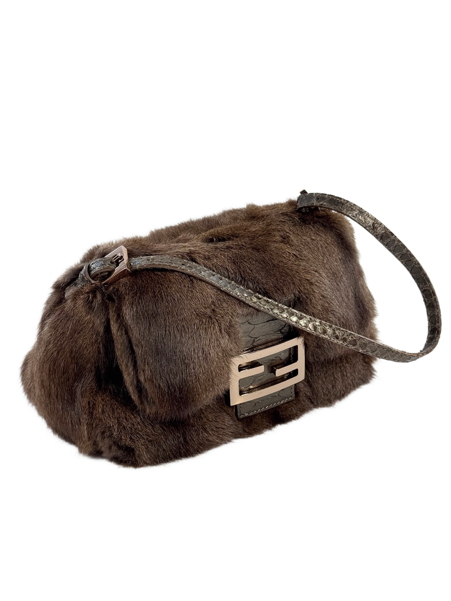 Fendi Brown Rabbit Fur Snakeskin Trim Mini Mamma Baguette Shoulder Bag