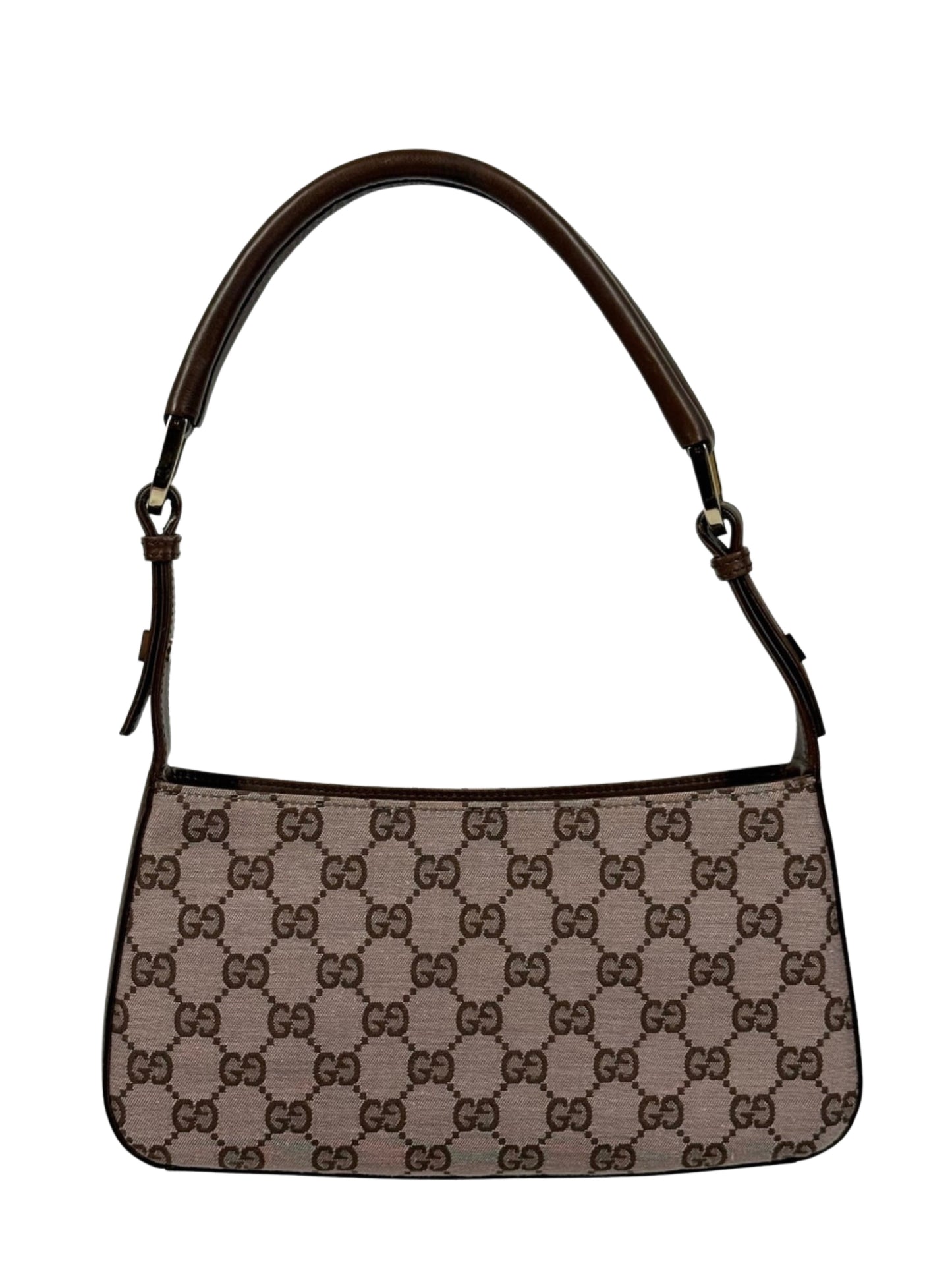 Gucci Vintage Light Brown Satin GG Monogram Leather Trim Shoulder Pochette Bag