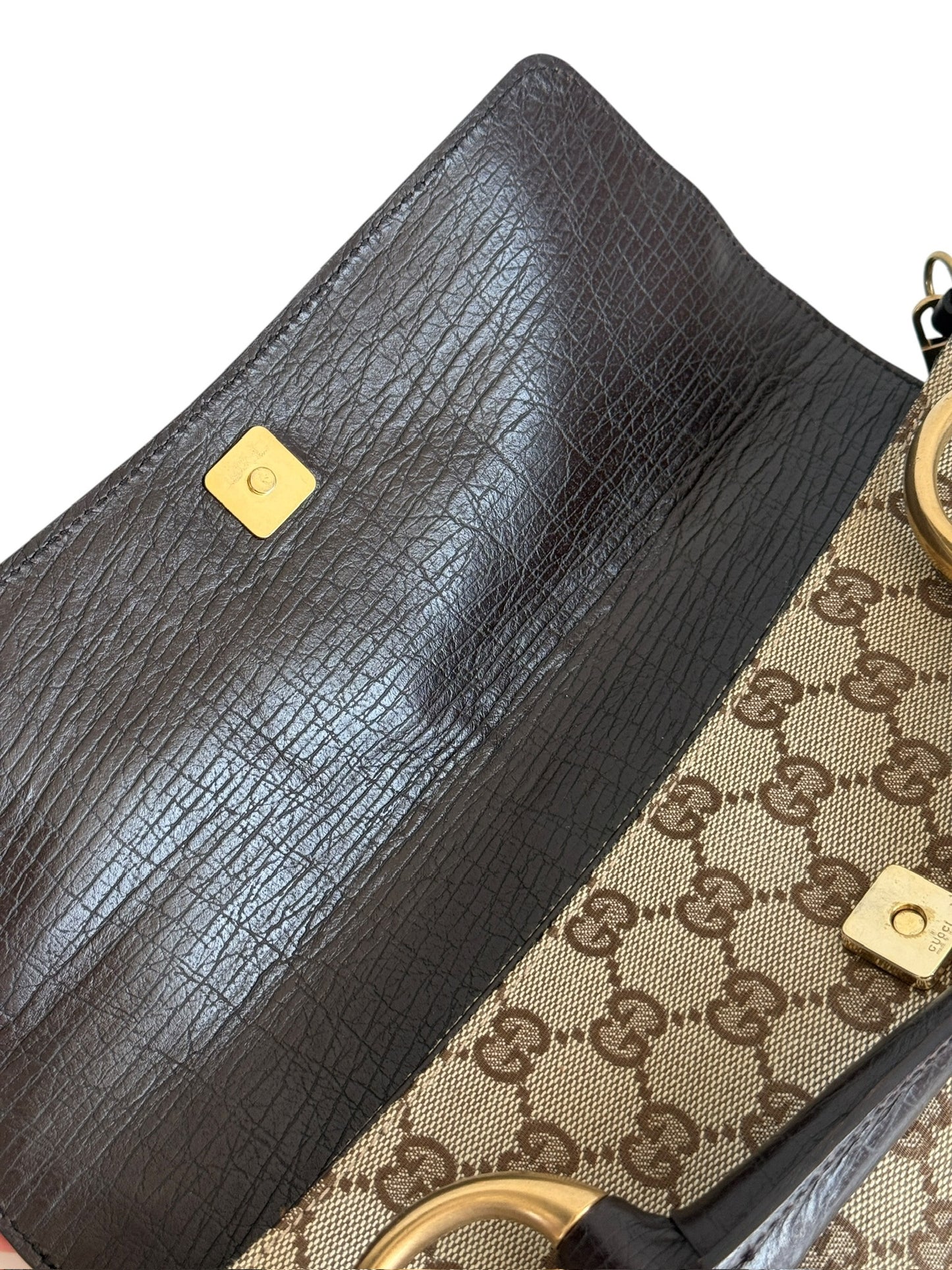 Gucci Vintage Brown GG Monogram Large Horsebit Shoulder Clutch Pochette Bag