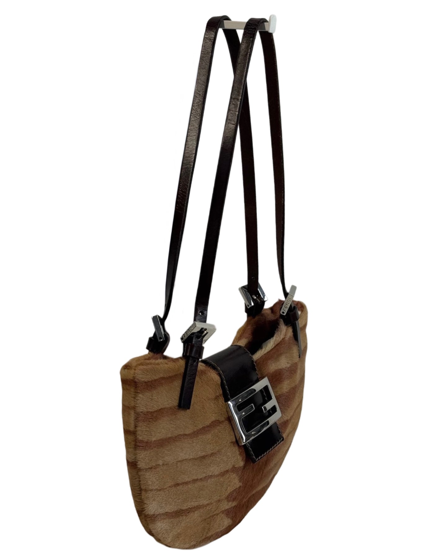 Fendi Vintage Brown Animal Print Pony Hair Half Moon Mini Shoulder Baguette Bag