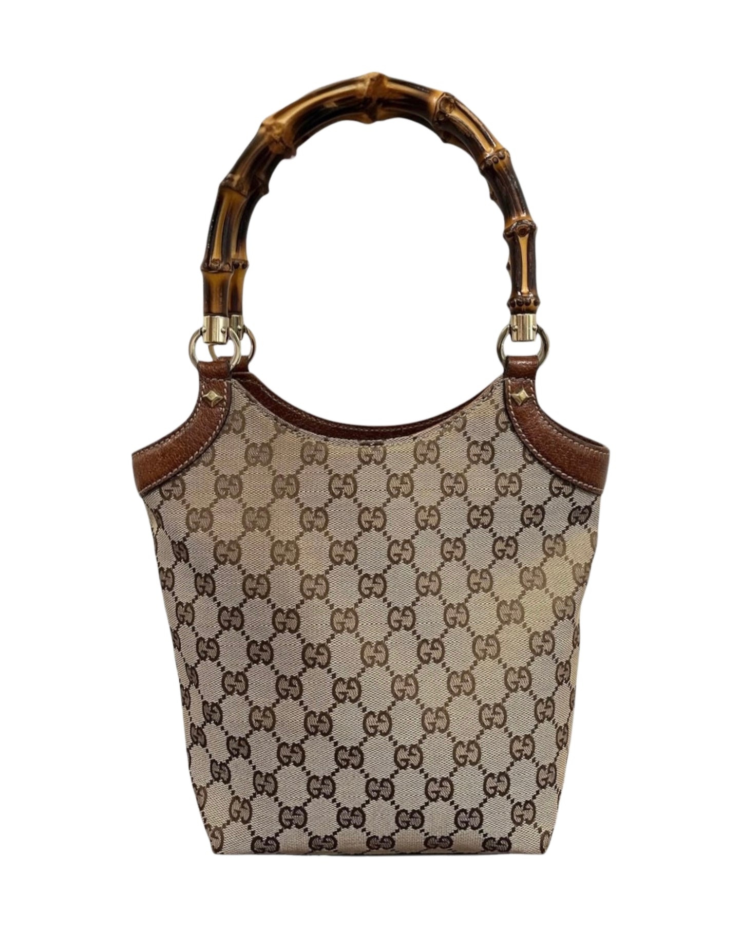 Gucci Vintage Brown GG Monogram Small Bucket Bamboo Handle Shoulder Bag 