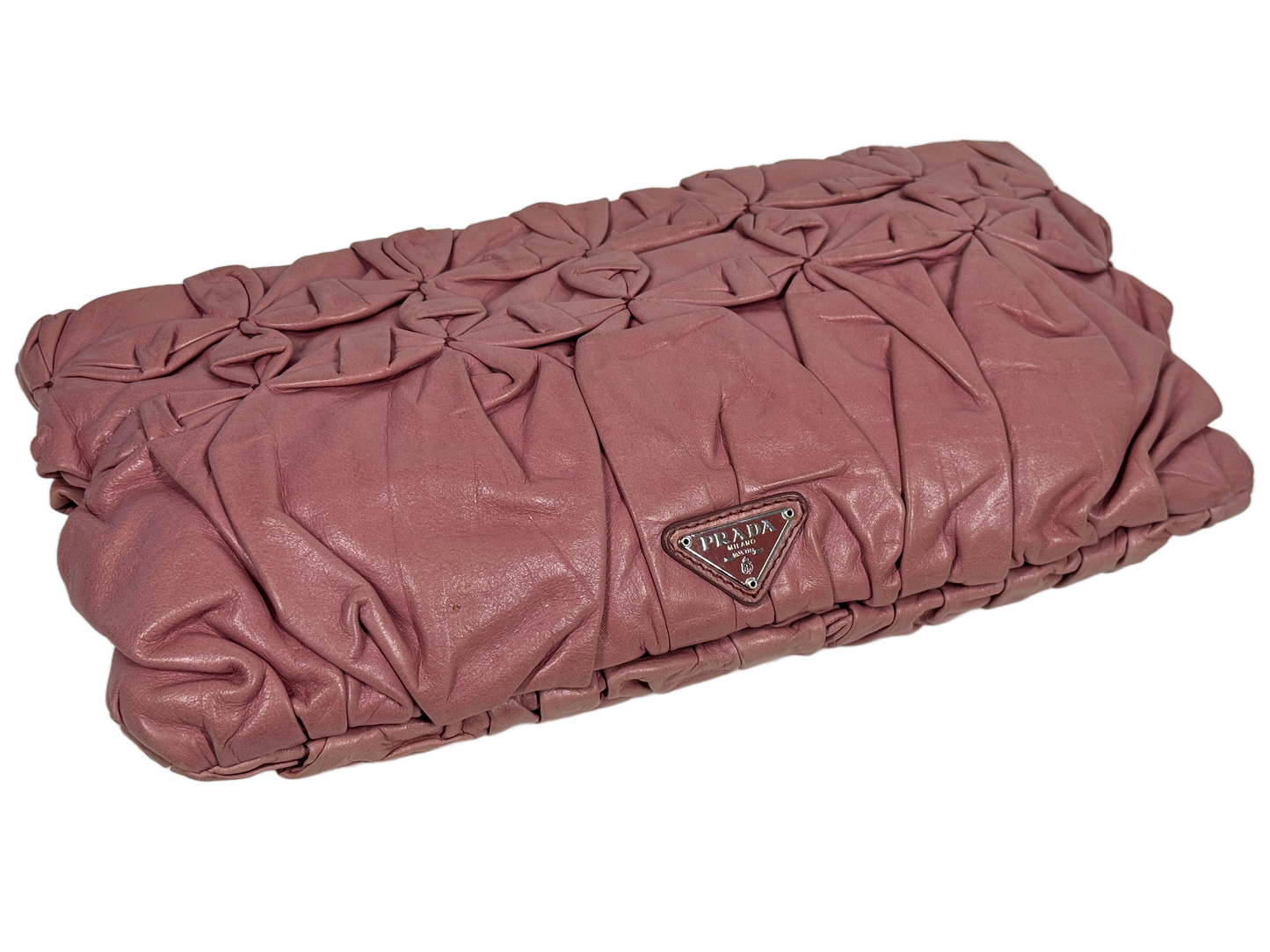 Prada Vintage Pink Calfskin Leather Diamond Pleated Floral Clutch