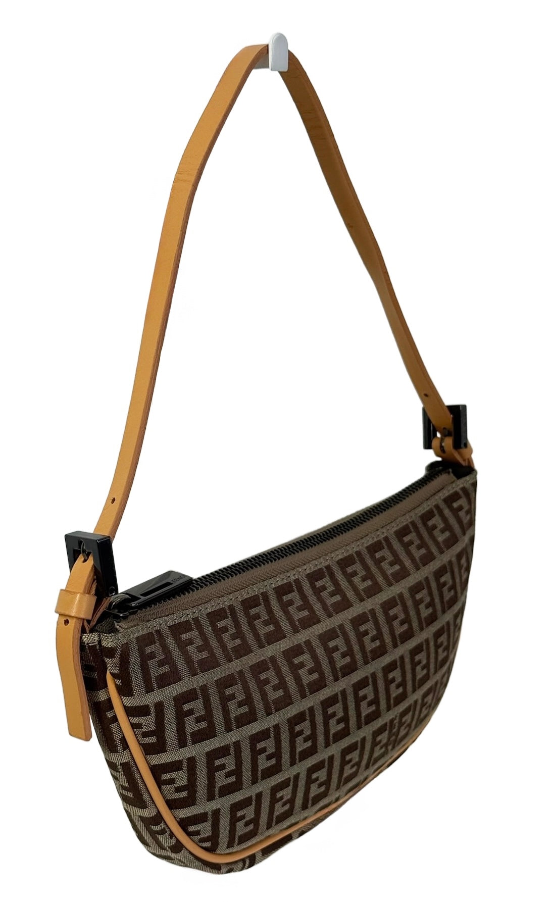 Fendi Vintage Light Brown Zucca Zucchino Monogram Small Shoulder Half Moon Pochette Bag