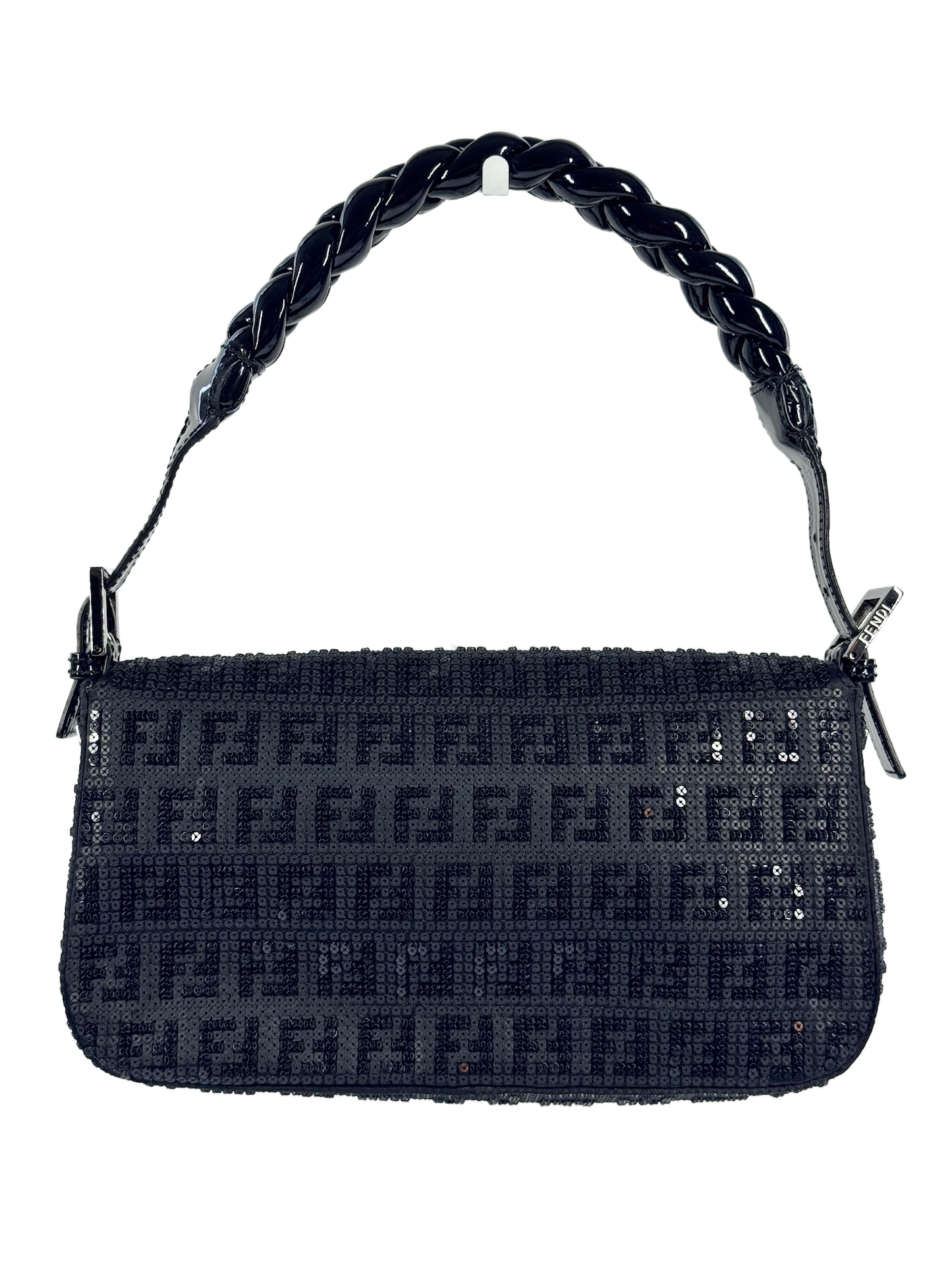 Fendi Black Patent Leather Zucca Monogram Sequin Shoulder Baguette Bag