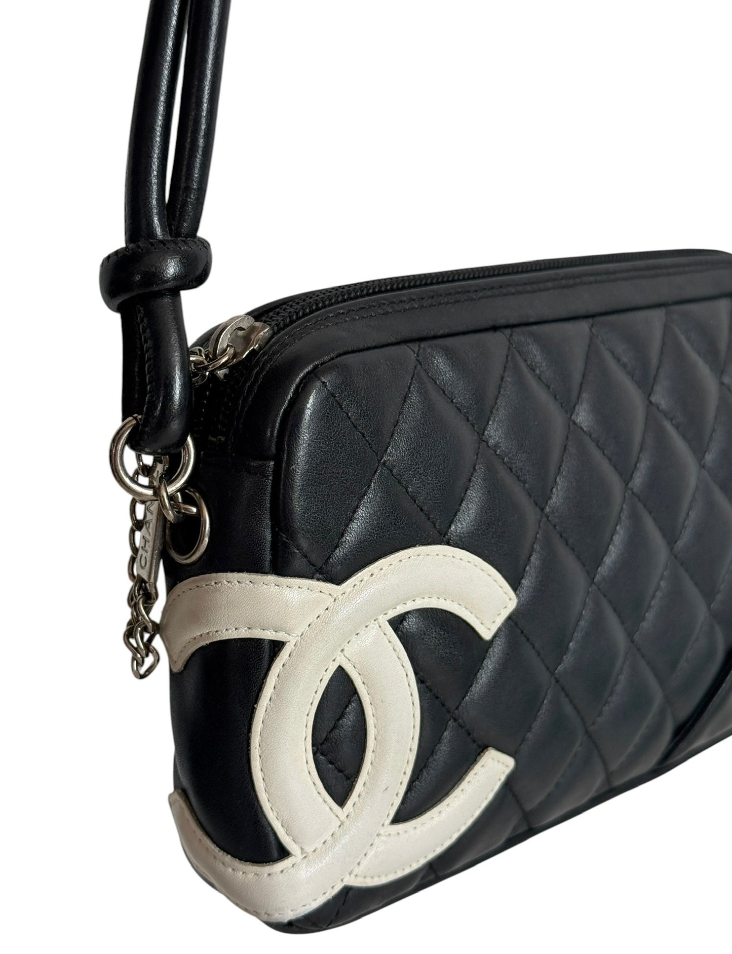 Chanel Vintage 00s Black & White Quilted Lambskin CC Cambon Pochette Shoulder Bag