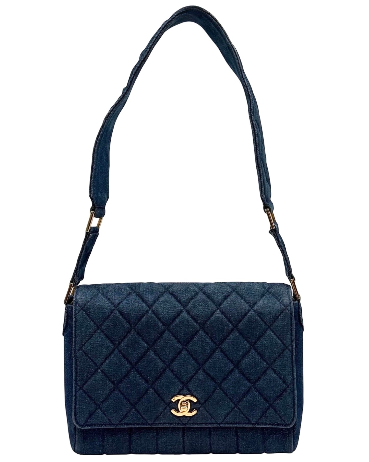 Chanel Vintage 90s Blue Denim Quilted Medium Full Flap Shoulder Bag with 24K GPHW