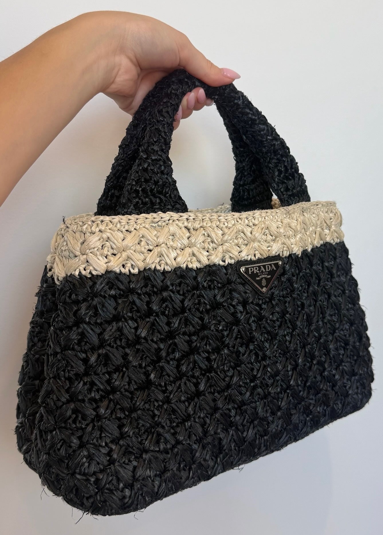 Prada Vintage Black & White Raffia Small Canapa Beach Top Handle Tote Bag