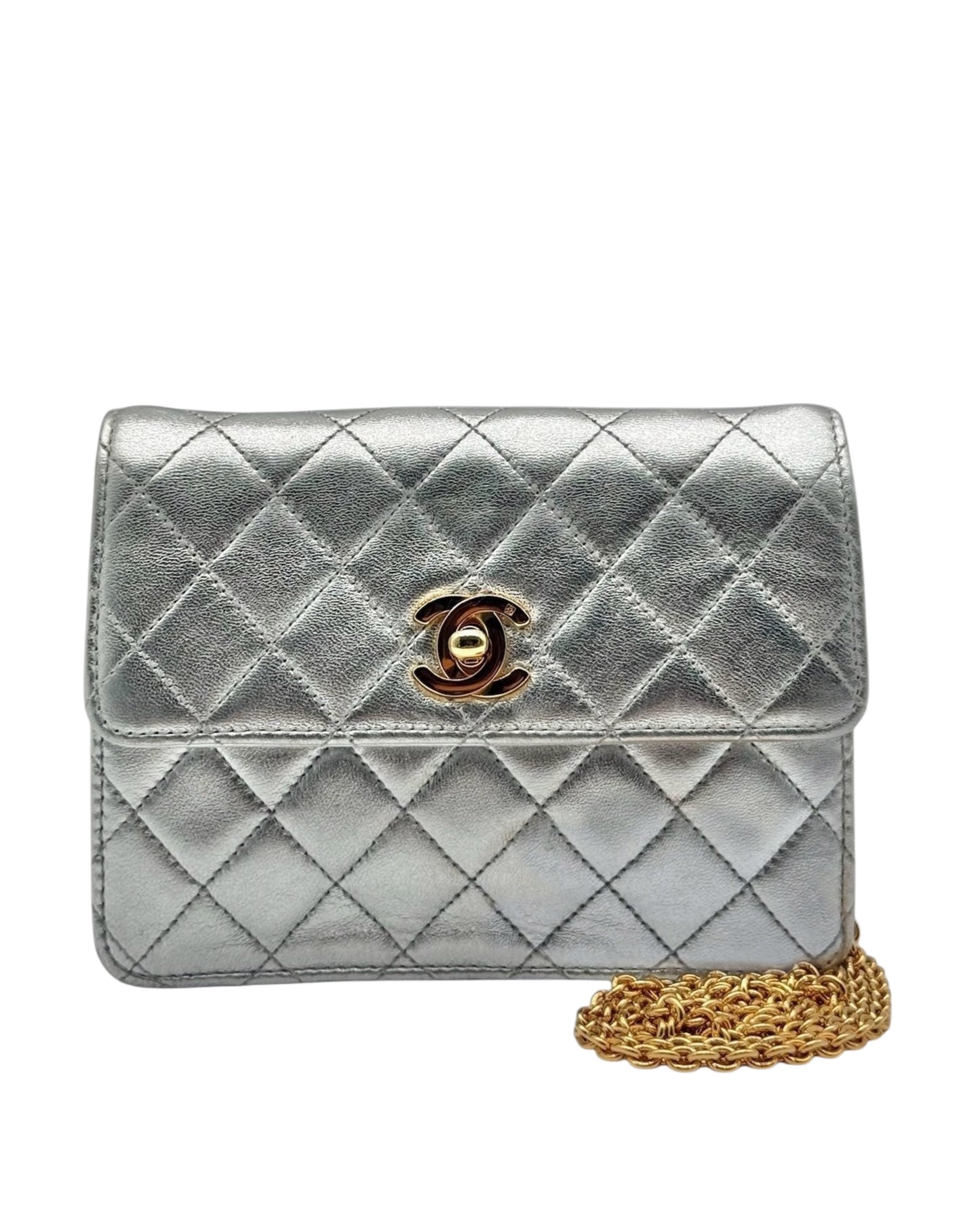 Chanel Vintage 90’s Metallic Silver Quilted Lambskin Micro Mini Square Flap Bag with 24K GPHW