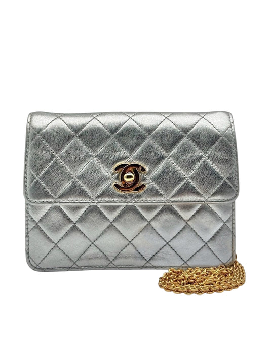 Chanel Vintage 90’s Metallic Silver Quilted Lambskin Micro Mini Square Flap Bag with 24K GPHW