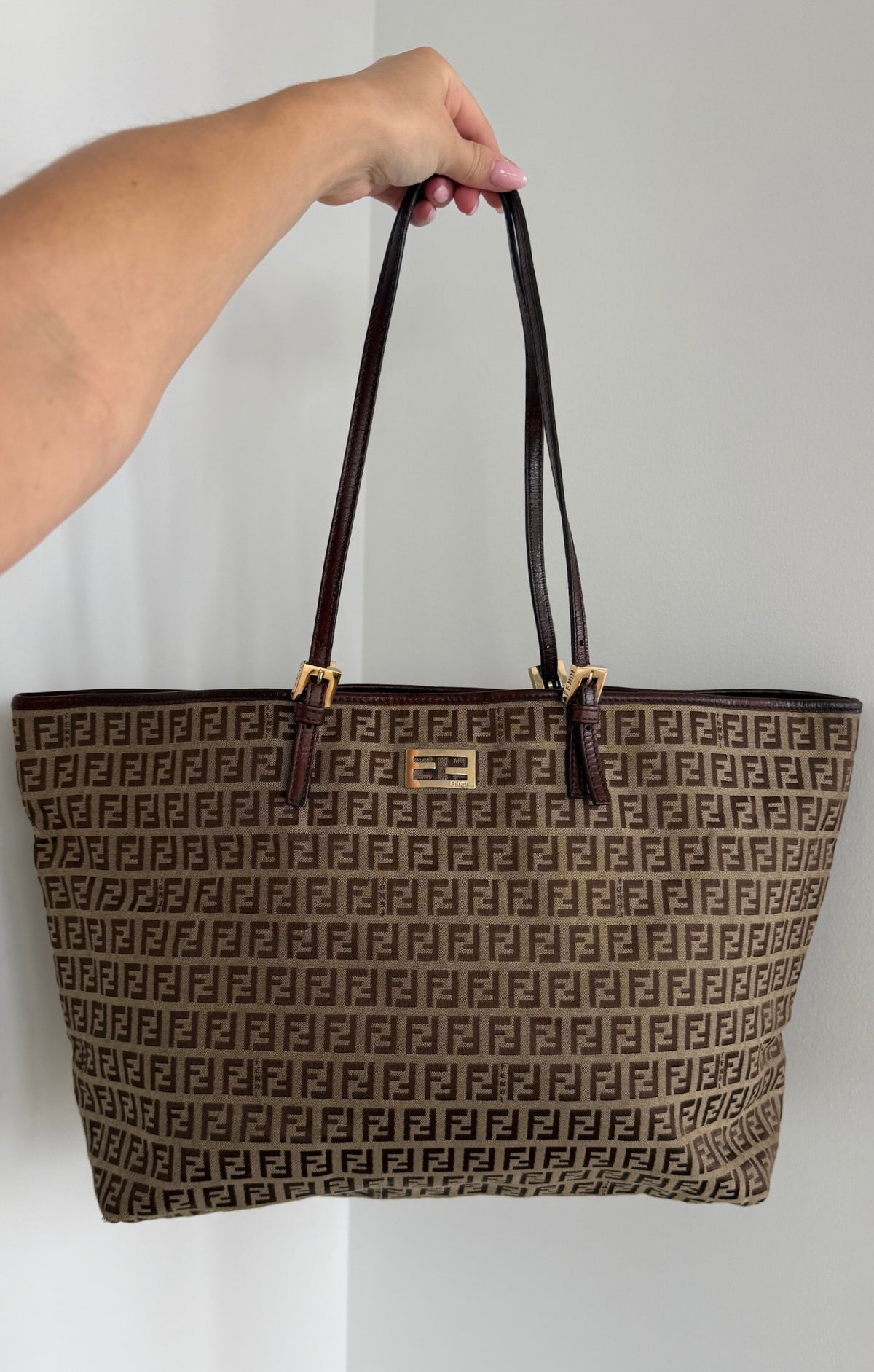 Fendi Vintage Light Brown Zucchino Zucca Monogram Large Shoulder Tote Bag 