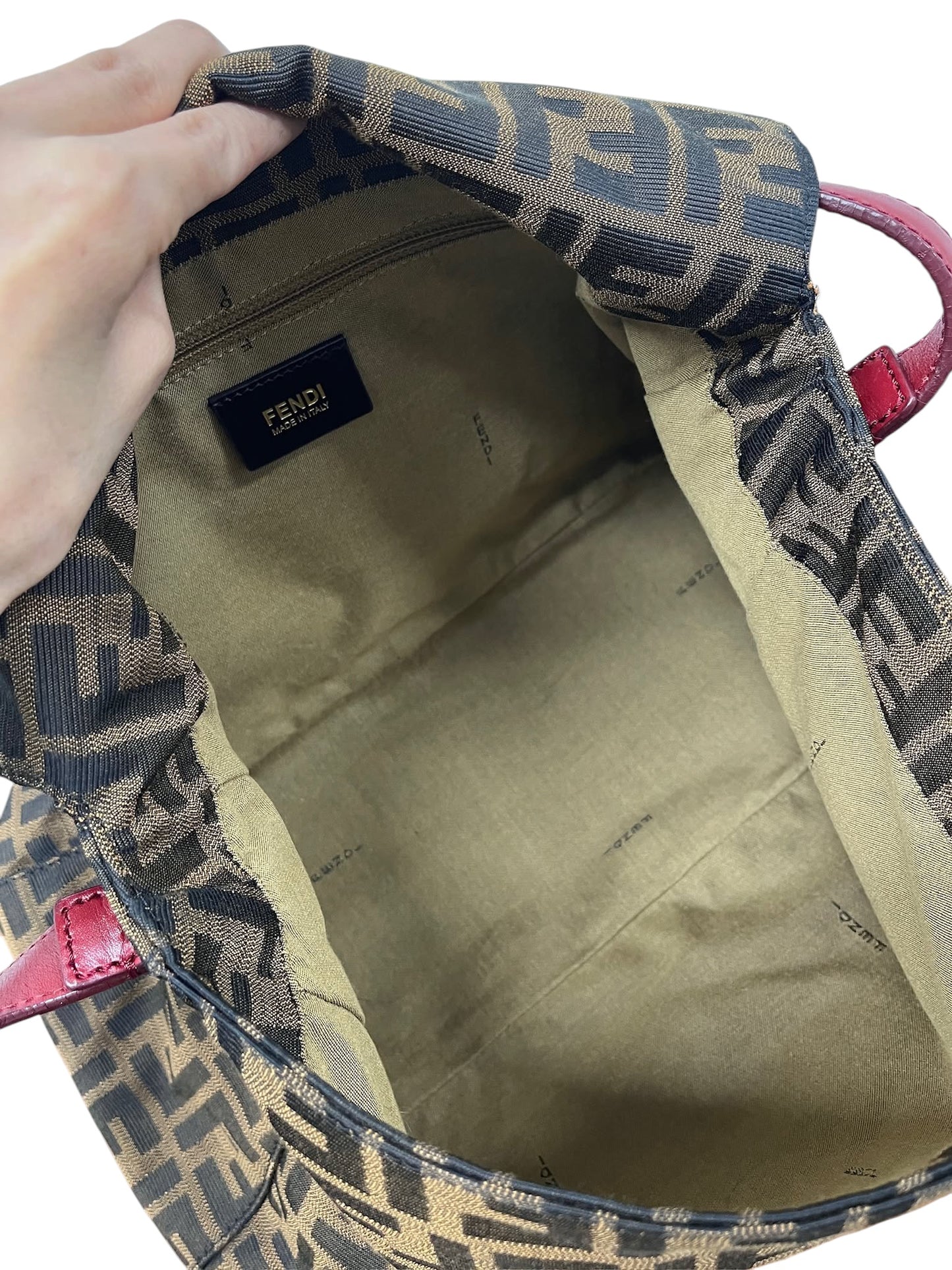 Fendi Vintage Brown Zucca Monogram Canvas Red Leather Trim XL Jumbo Mamma Baguette Shoulder Bag