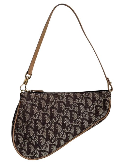 Dior Vintage 2001 Brown Trotter Monogram Mini Saddle Pochette Shoulder Bag