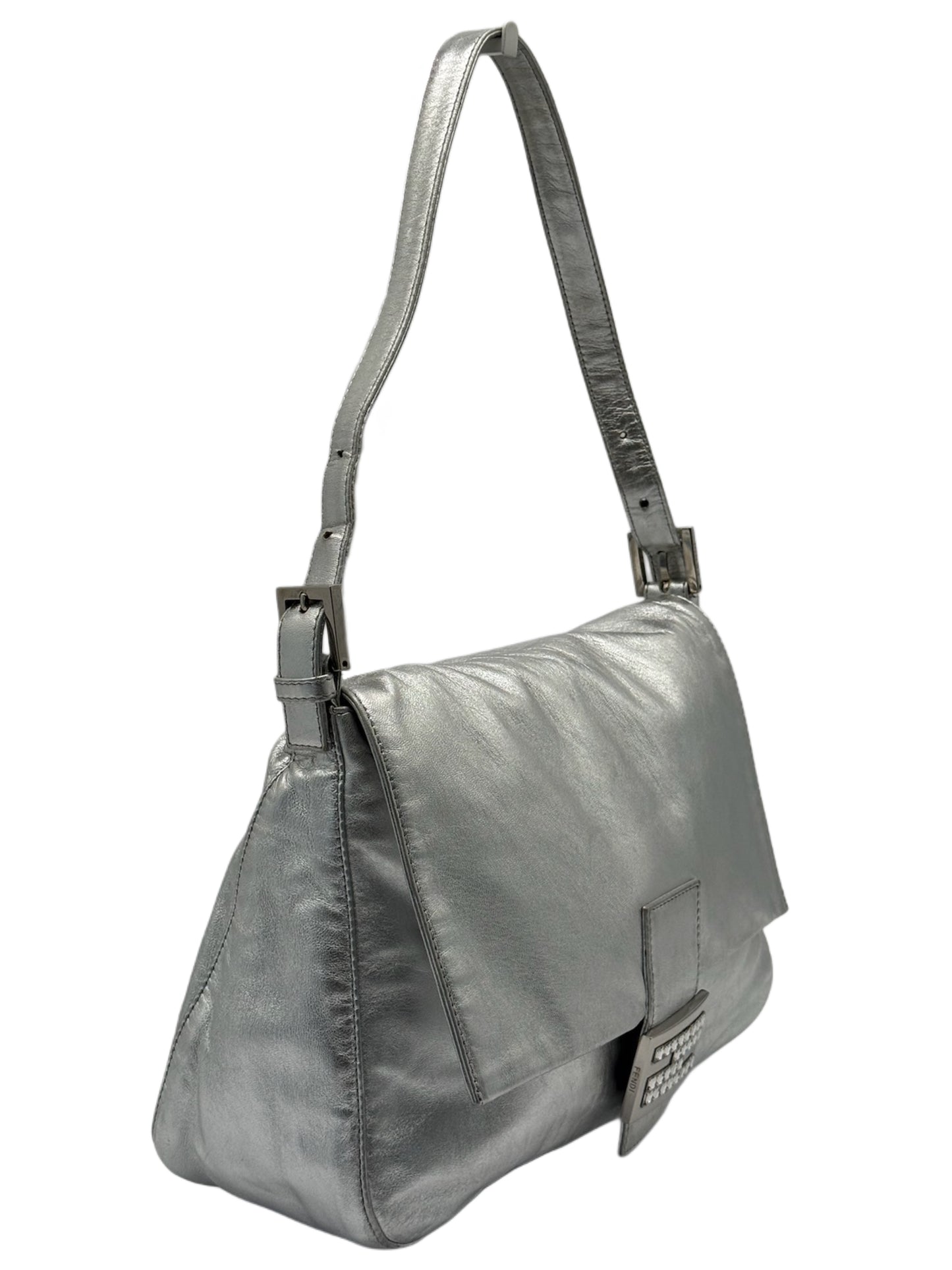 Fendi Vintage Metallic Silver Lambskin Leather Crystal Logo Mamma Shoulder Baguette Bag