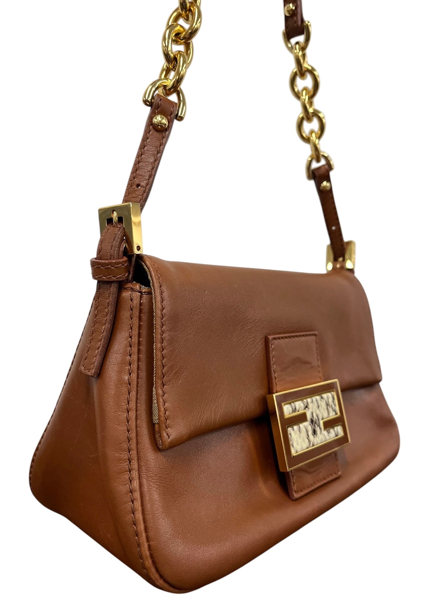 Fendi Vintage Cognac Brown Leather Snakeskin Logo Mini Mamma Shoulder Baguette Bag w Chain Strap