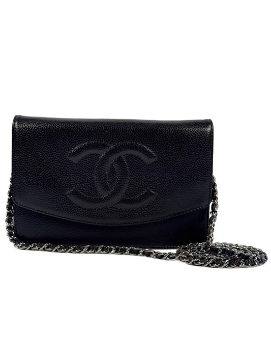 Chanel Vintage 00s Black Caviar CC Logo Timeless Wallet On Chain Crossbody Bag